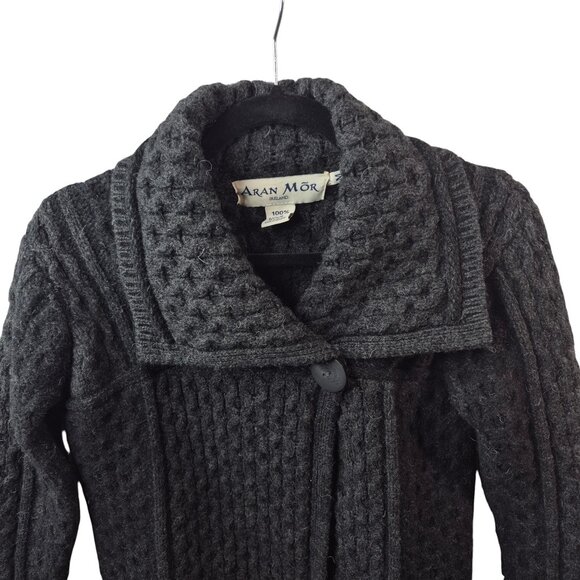 Aran Mor Sweater Womens M Gray Merino Wool Cardigan Chunky Knit Ireland - Picture 3 of 8